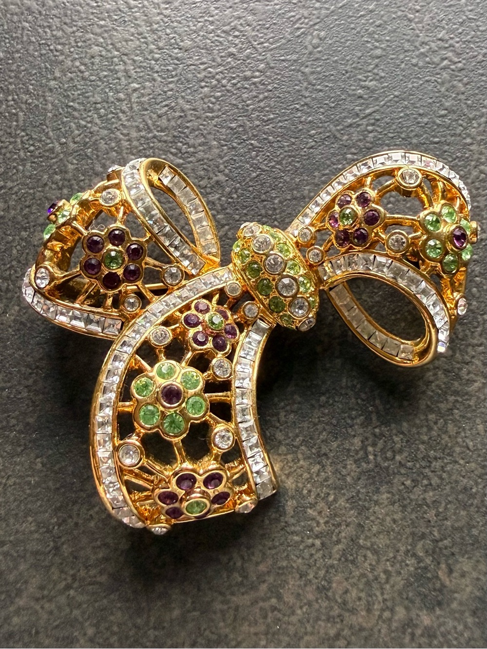 Nolan Miller Gold-Tone Bow Brooch with Green & Purple Rhinestones
